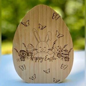 Hoppy Easter wood Engraving Easter bunny and butterflies. Holiday decor New
